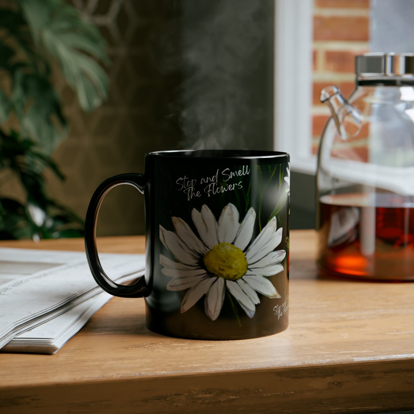 Stop and Smell The Flowers Black Ceramic Mug 11oz